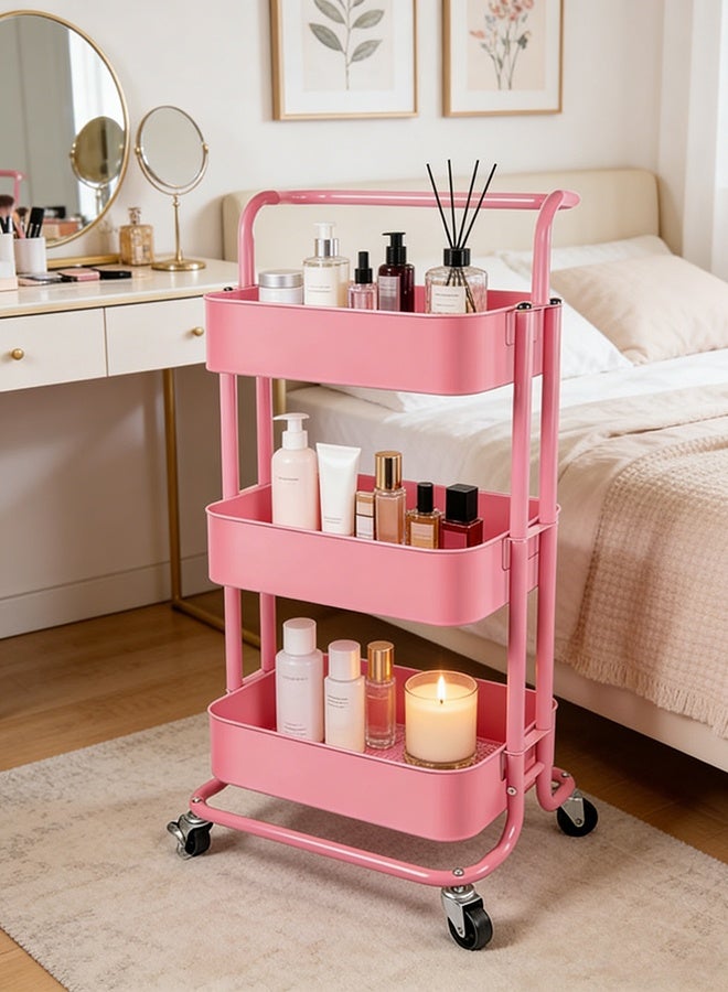 RollsTimi  3 Tier Rolling Cart with Lockable Wheels and Handle, Three Tiered Pink Trolley Cart on Wheels, Utility Storage Organizer for Bathroom, Kitchen, Teachers, Art, Crafts, Snack, Nail - Image 1